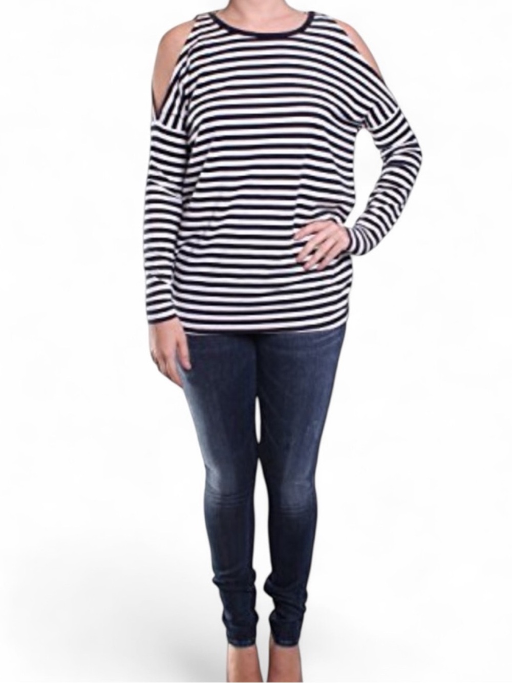 Michael Kors Black & White Striped Cold-Shoulder Women's Long Sleeve‎ Top Small